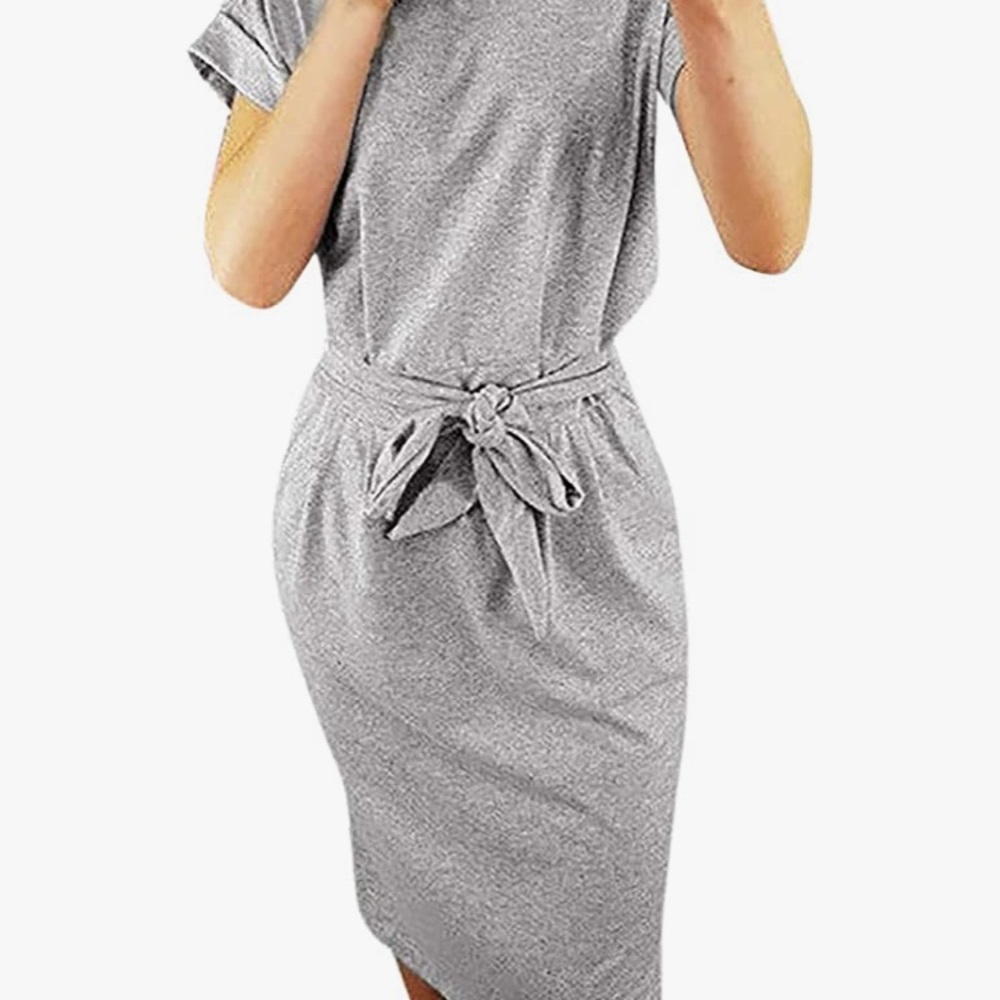 Sexy Crewneck Belted Dress Pockets Short Sleeve Gray